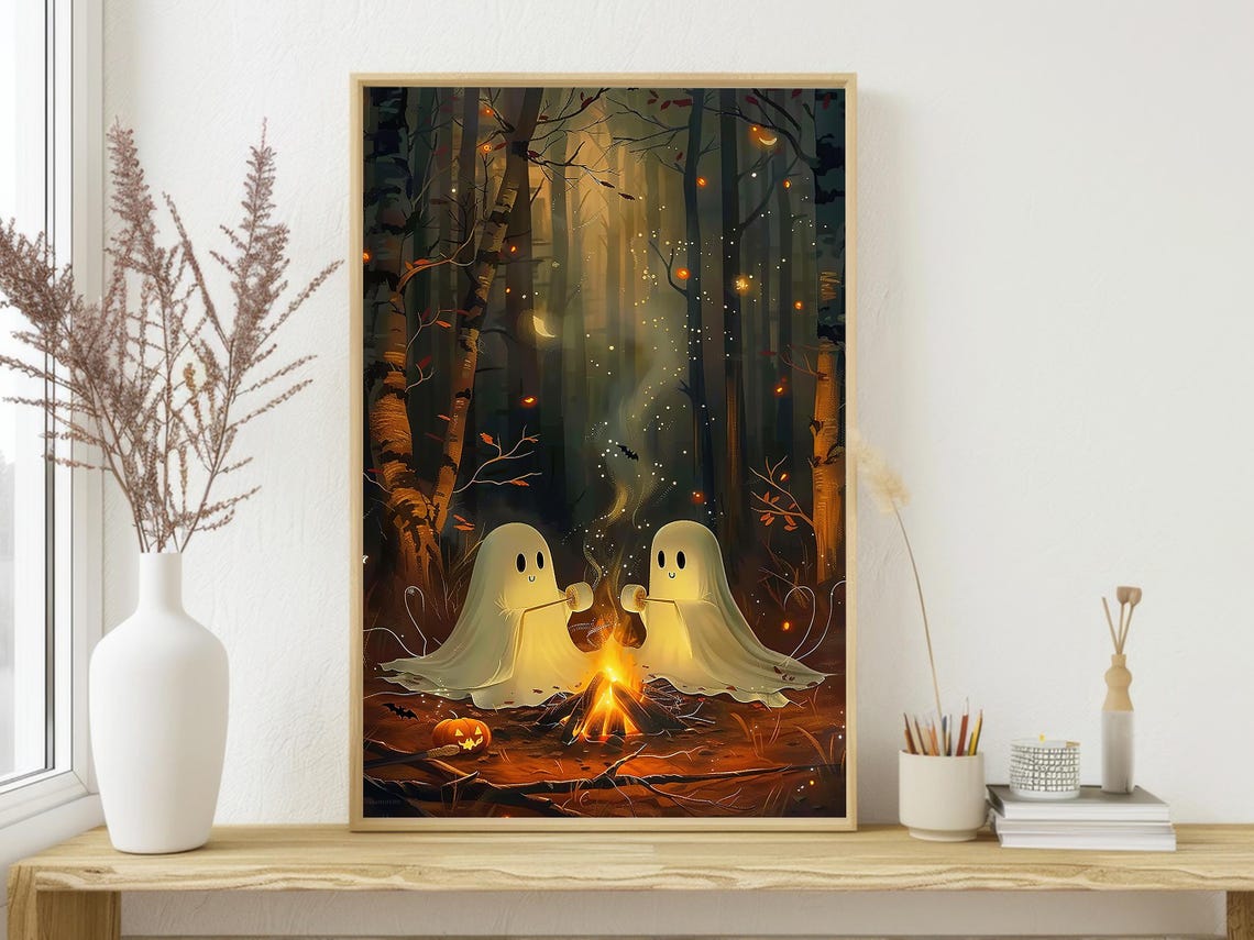 Cute Couple Ghosts Campfire Print Ghost Camping Poster Print Halloween Wall Art Halloween Room Decor - Image 3