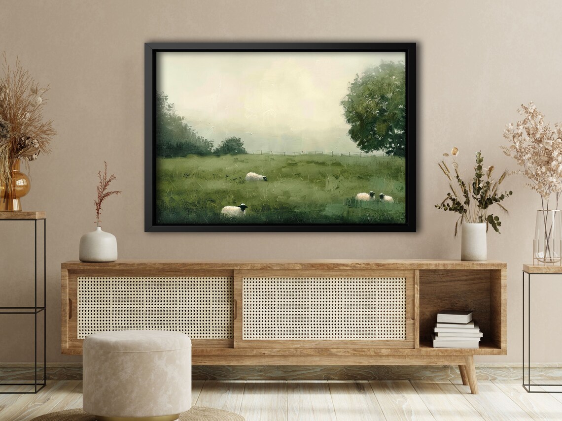 Sheep Grazing In Misty Green Pasture Minimalist Farm Art Poster - Image 4