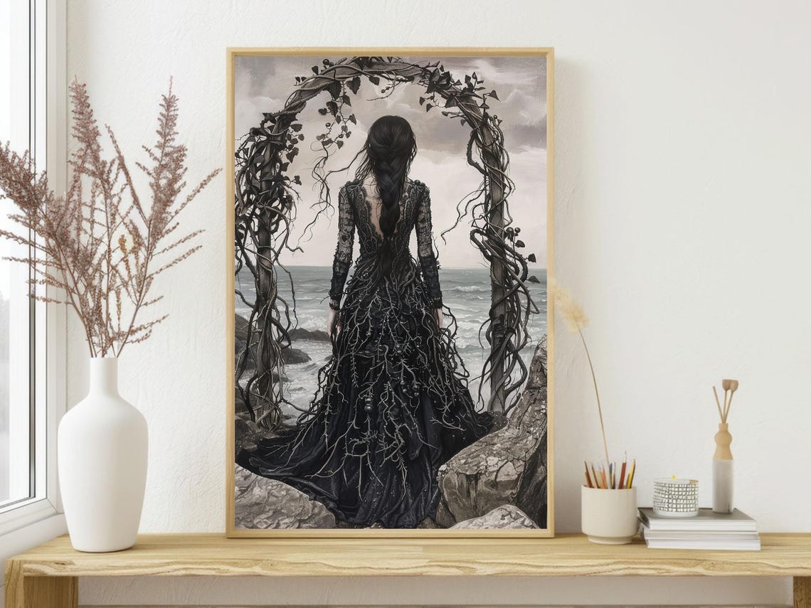 Dark Witch Gazing at Grey Coastline Under Twisted Vine Arch Art Poster - Image 3