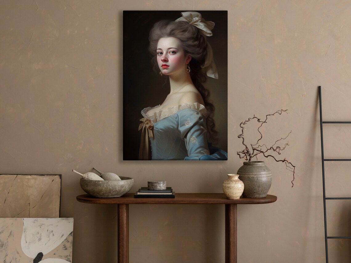 Retro Lady Blue Gown White Bow Hair Classic Rococo Portrait Art Poster - Image 4
