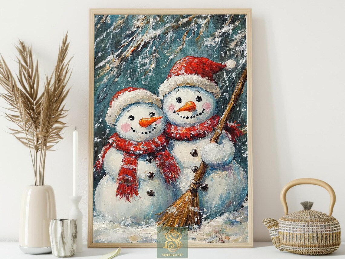 Two Happy Snowmen With Red Scarves And Broom In Snowy Woods Print - Image 3