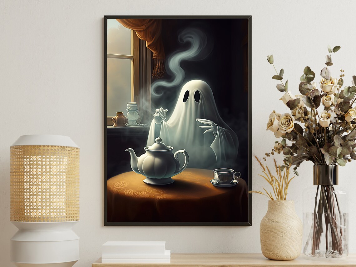 Vintage Ghost Enjoys Drinking Tea, Gothic Halloween