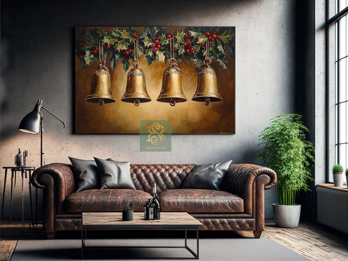 Four Brass Christmas Bells Hanging Under Holly Garland Gold Poster - Image 2