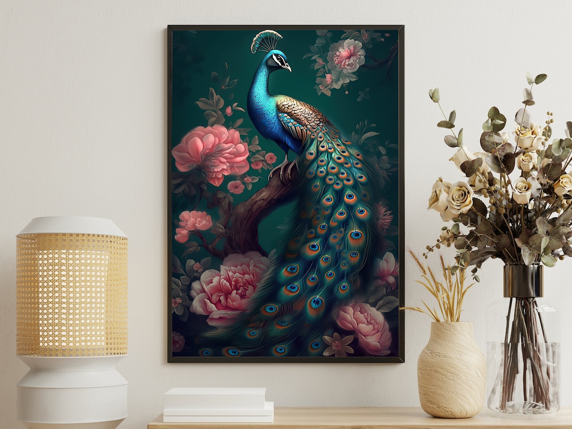 Floral Peacock Painting, Gothic Animal Art Print