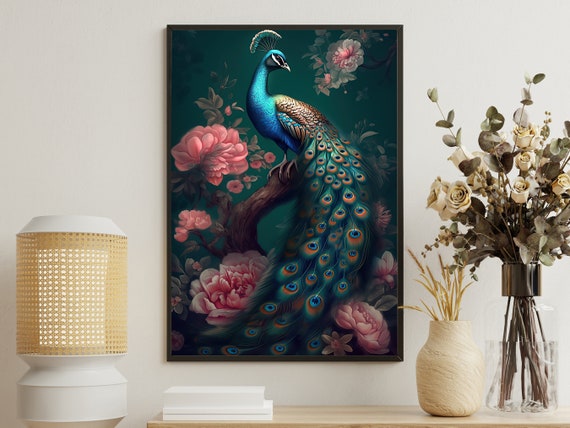 Floral Peacock Painting, Gothic Animal Art Print