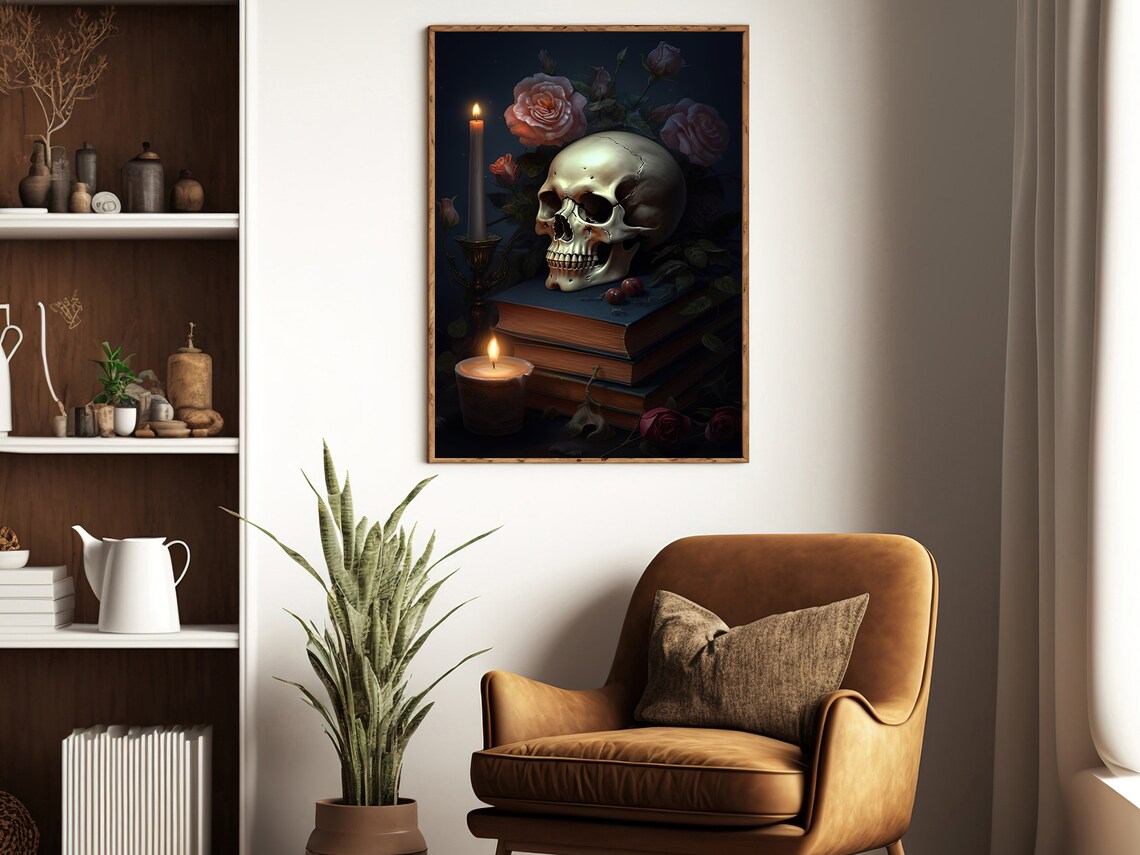 Gothic Skull On Stacked Books With Roses And Candle Dark Academia Poster - Image 3