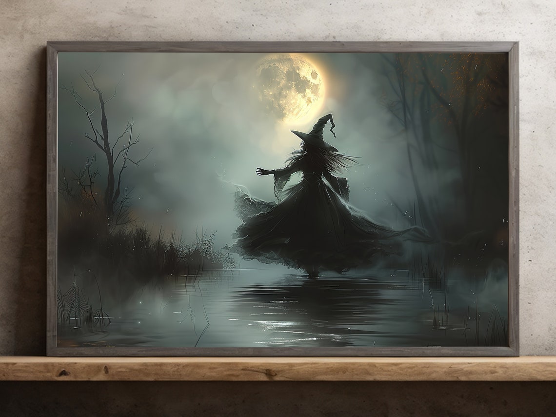 Mystical Witch Dancing Under Full Moon In Misty Marsh Halloween Print