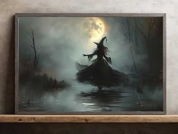 Mystical Witch Dancing Under Full Moon In Misty Marsh Halloween Print