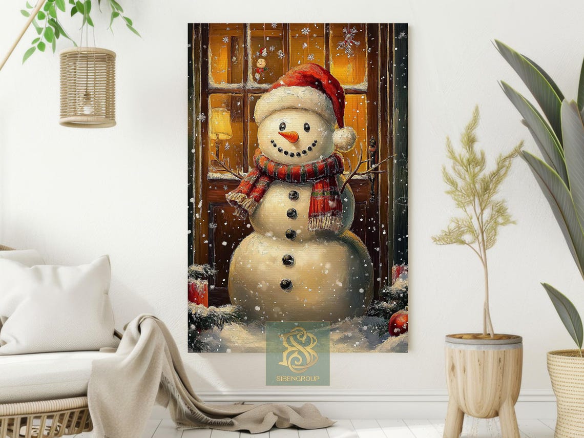 Cheerful Snowman in Santa Hat and Scarf by Glowing Window Night Poster - Image 2