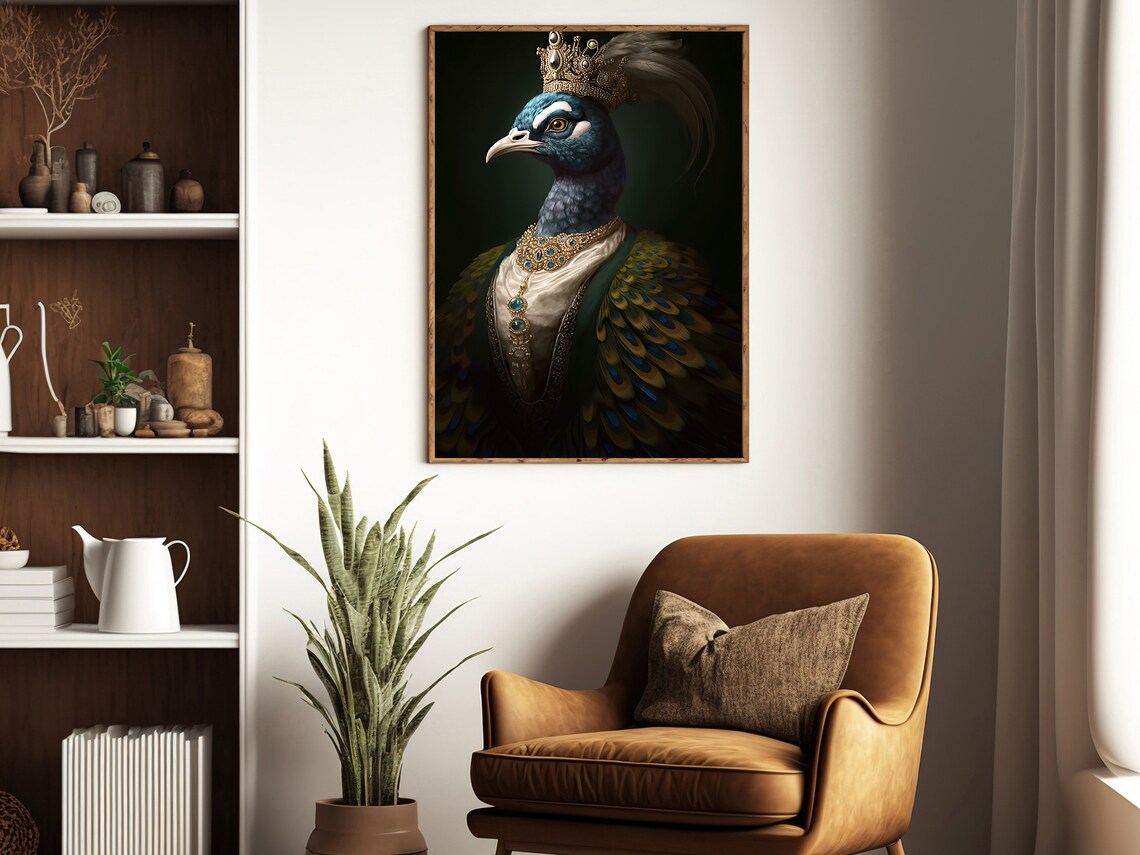 Regal Peacock In Golden Crown And Jewels Royal Portrait Art Print - Image 2