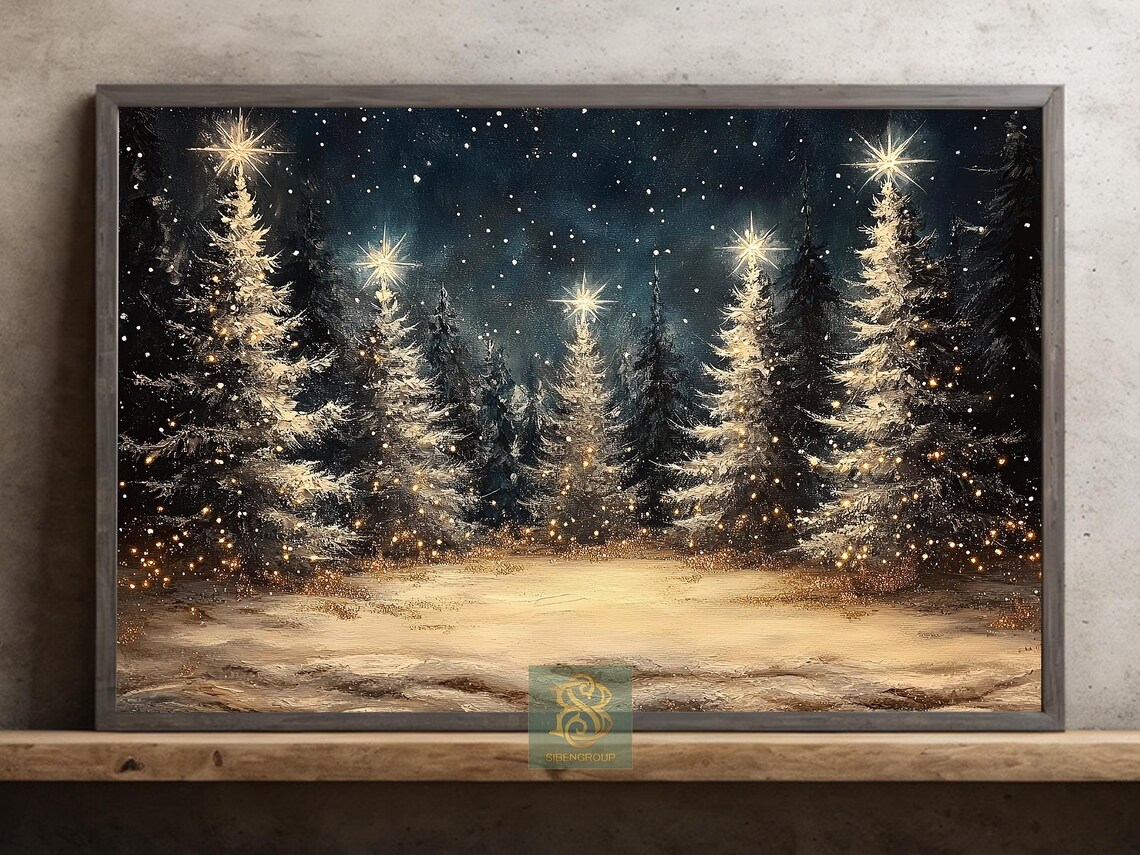 Vintage Christmas Tree Painting, Holiday Wall Art Print