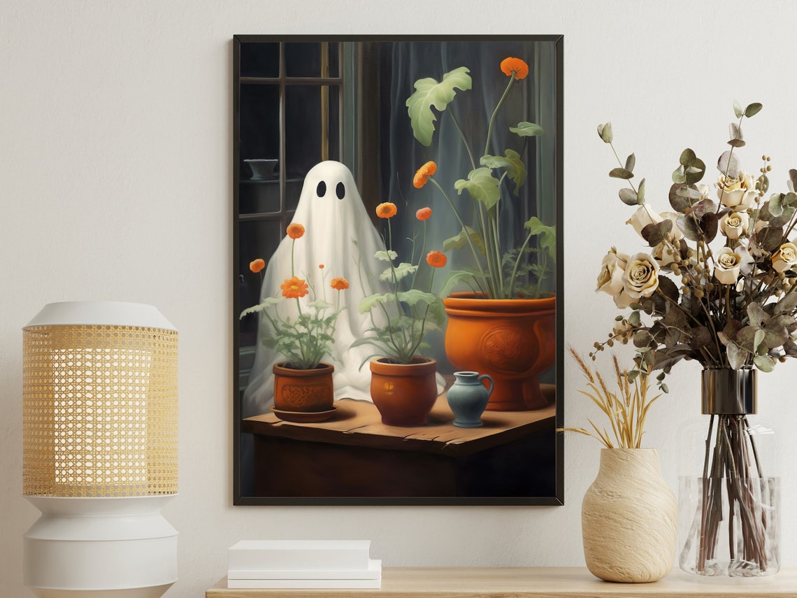 Sweet Little Ghost Peeking Past Potted Marigolds In A Window Poster