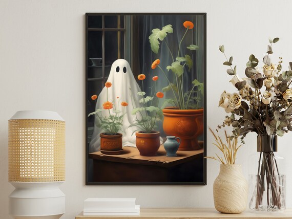 Sweet Little Ghost Peeking Past Potted Marigolds In A Window Poster