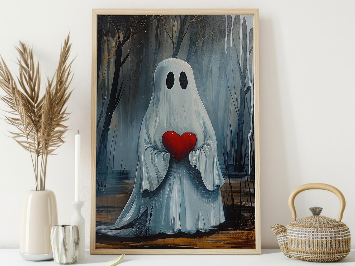 Cute Ghost Holding Red Heart in Dark Forest Sweet Halloween Wall Poster - Image 4