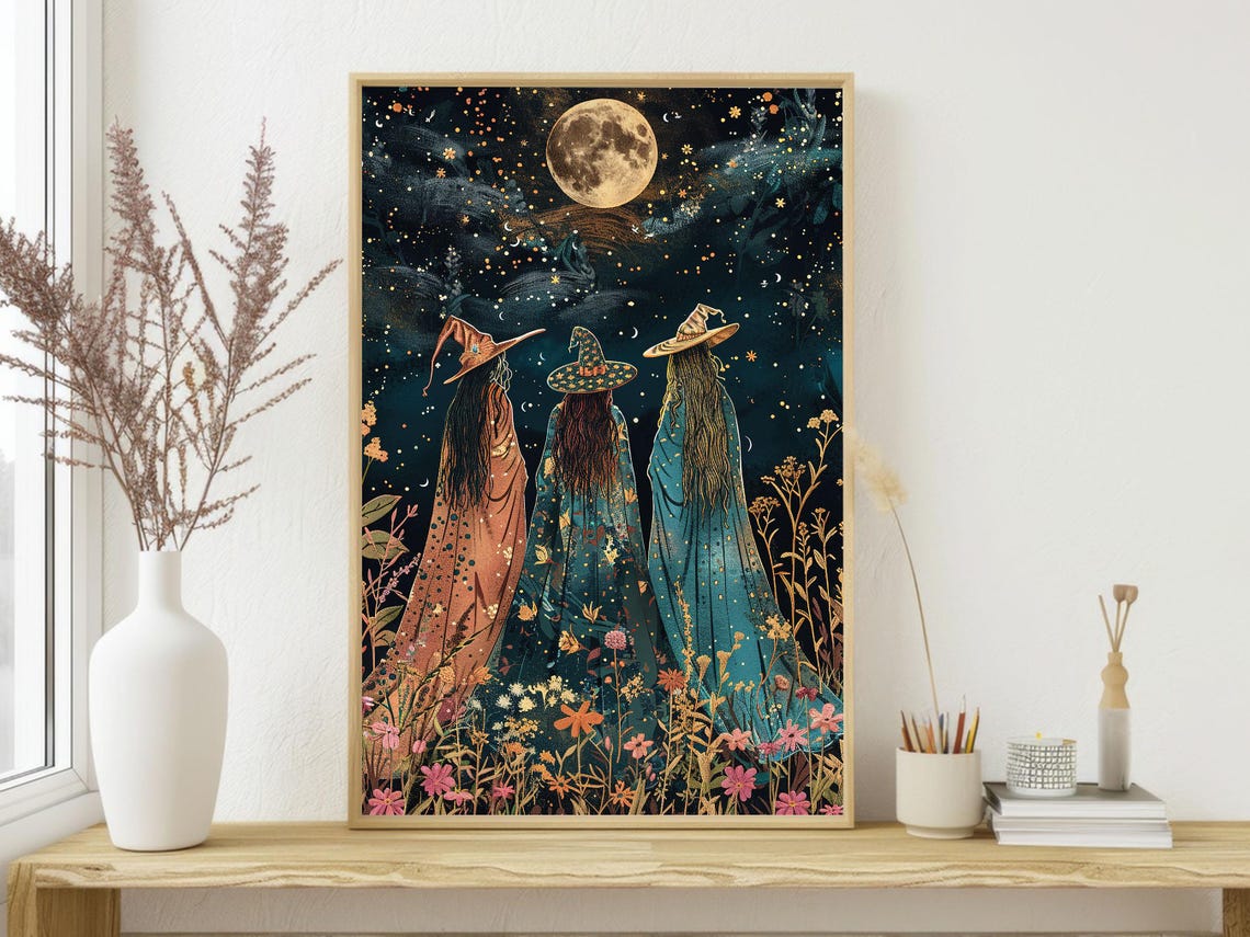 Three Witches Gazing at Full Moon Starry Night Wildflower Field Poster - Image 3