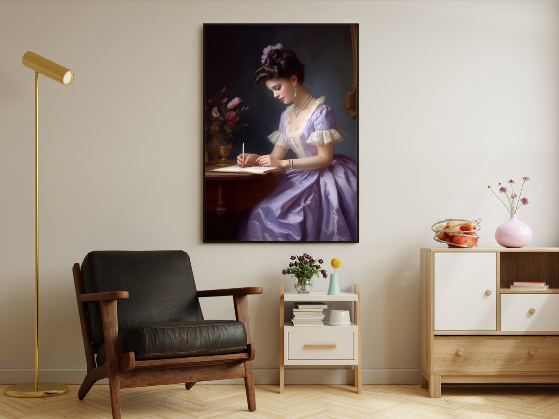 Victorian Lady Lavender Gown Writing Book Desk Classic Portrait Art Poster - Image 3