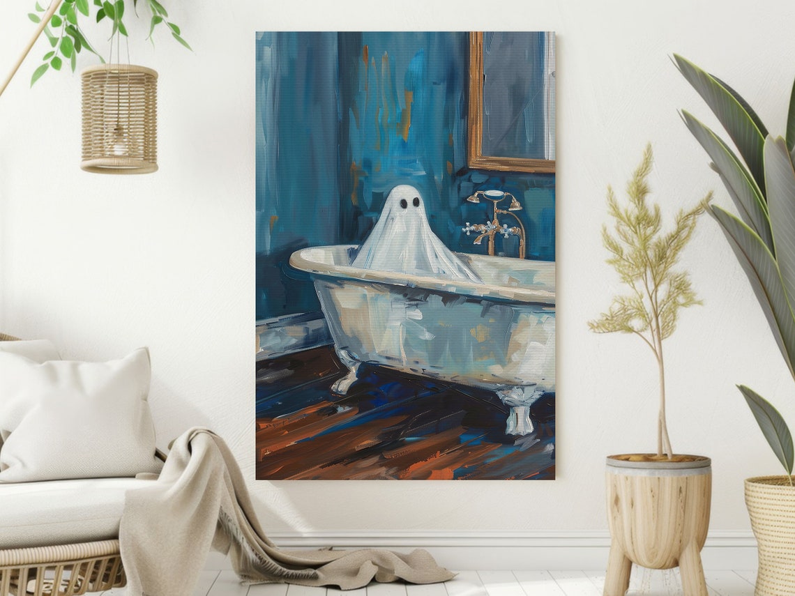 Cute Ghost In Vintage Clawfoot Bathtub Blue Bathroom Art Poster - Image 2