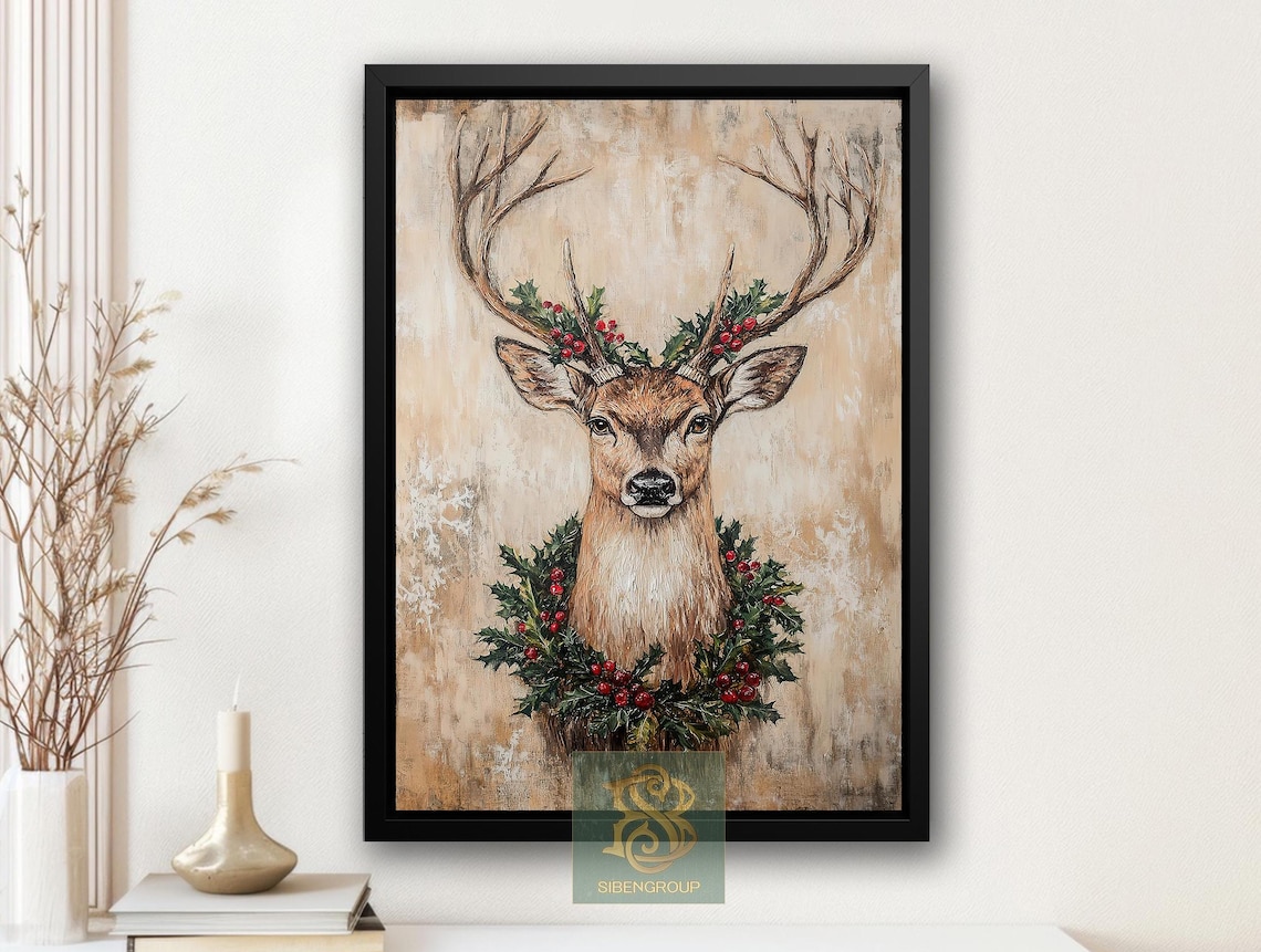 Reindeer Portrait With Holly Berry Wreath Rustic Christmas Art Print