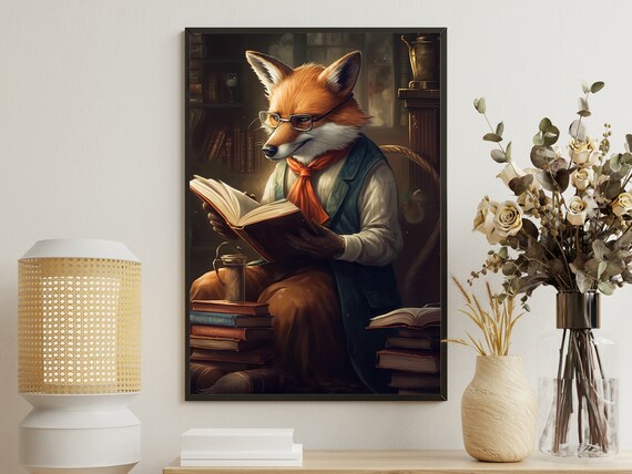 Scholar Fox Reading Book Library Glasses Dark Academia Poster