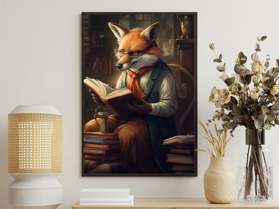 Vintage Fox Reading Book Painting Fox Art Print Fox Print Gothic Art Print Dark Academia Art Fox Poster Print Animal Painting