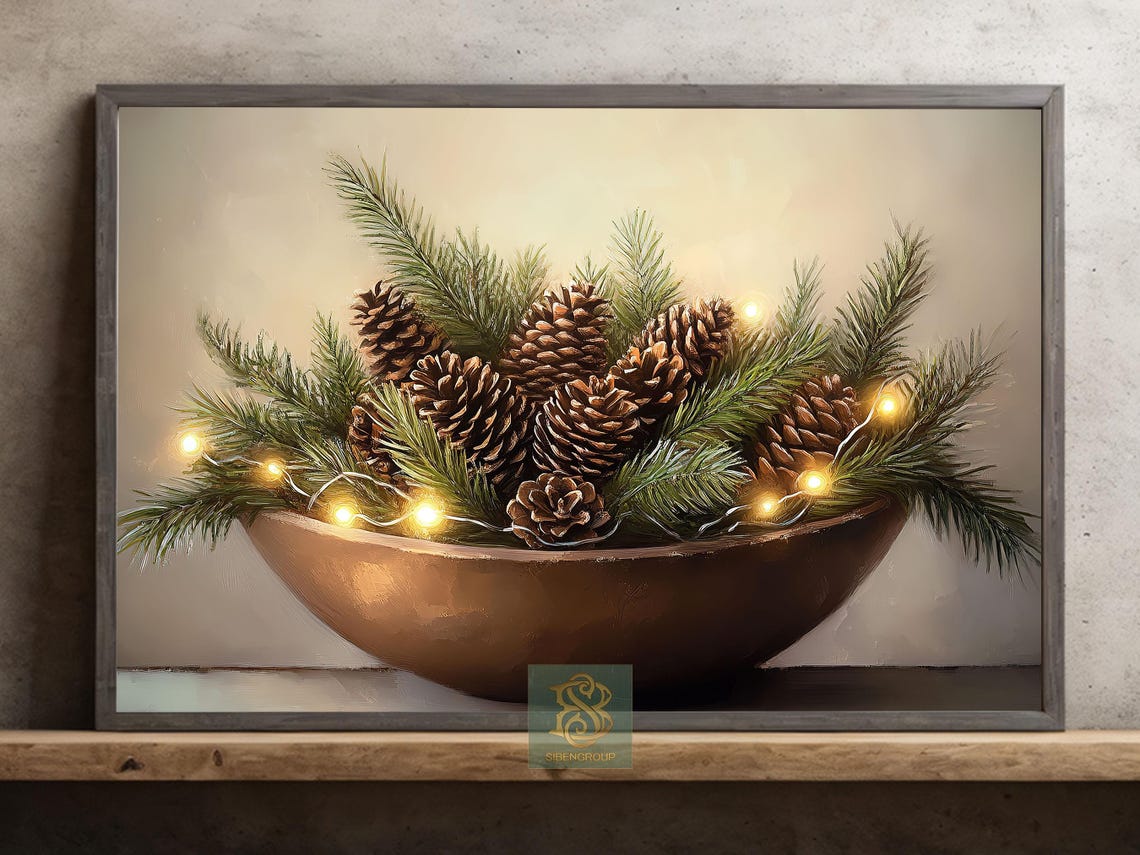 Copper Bowl of Pinecones Pine Branches and Fairy Lights Art Print