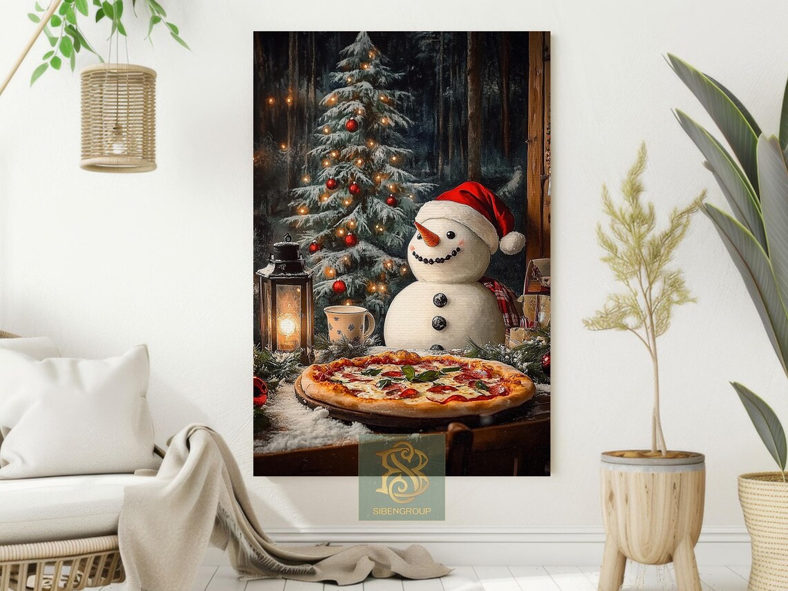 Cheerful Snowman In Santa Hat With Pizza Beside Christmas Tree Print - Image 2