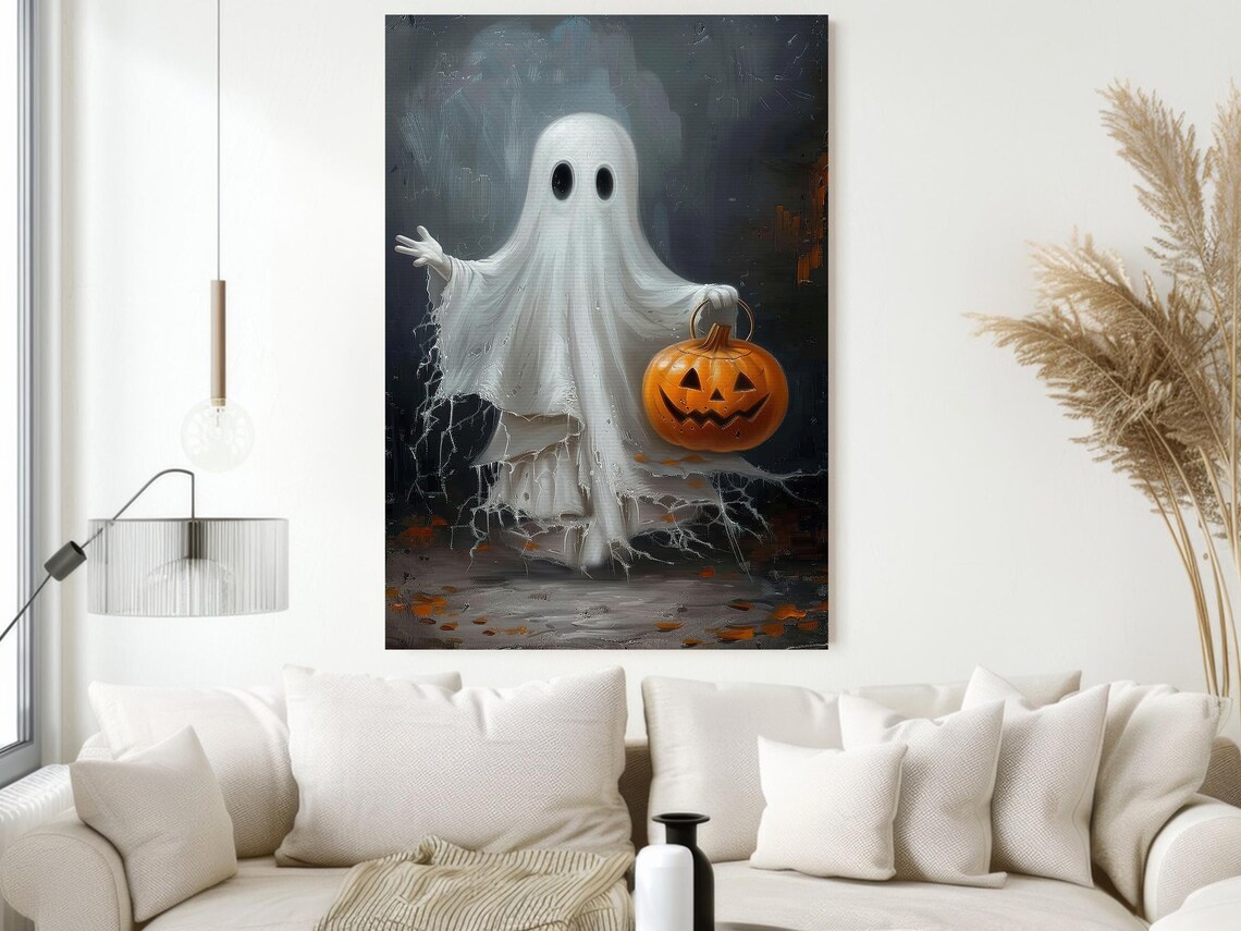 Playful Ghost Holding Jack O Lantern Pumpkin Waving Painterly Halloween Poster - Image 2