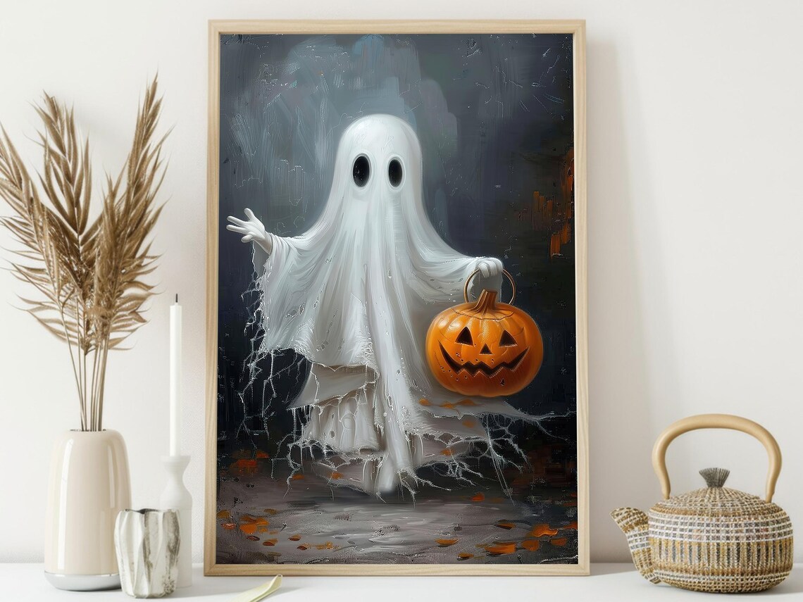 Playful Ghost Holding Jack O Lantern Pumpkin Waving Painterly Halloween Poster - Image 4