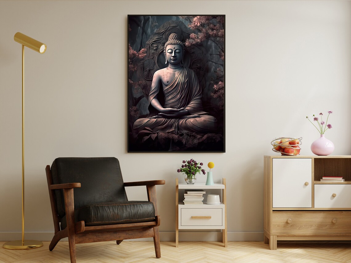 Serene Buddha Meditating Lotus Pose Mystical Stone Temple Dark Zen Wall Art - Image 4