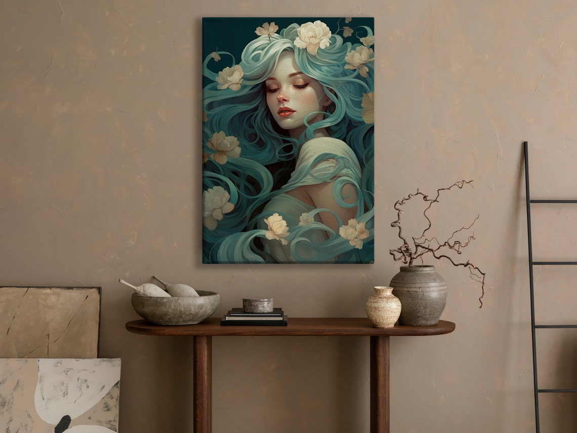 Ethereal Woman With Flowing Teal Hair And Cream Flowers Poster - Image 4