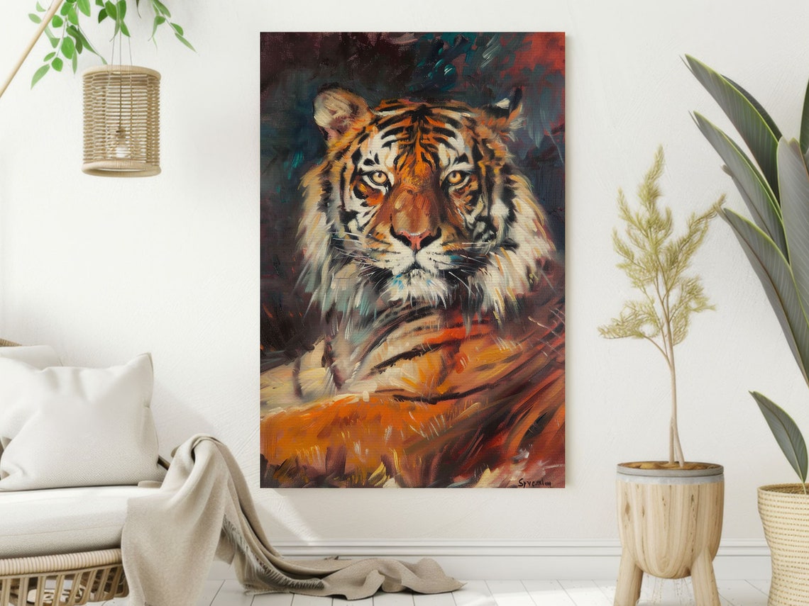 Majestic Tiger Portrait Painterly Big Cat Orange Teal Wall Poster - Image 2