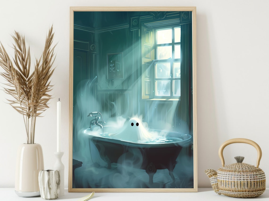 Dreamy Ghost in Steaming Teal Bathtub Sunlit Bathroom Halloween Poster - Image 4