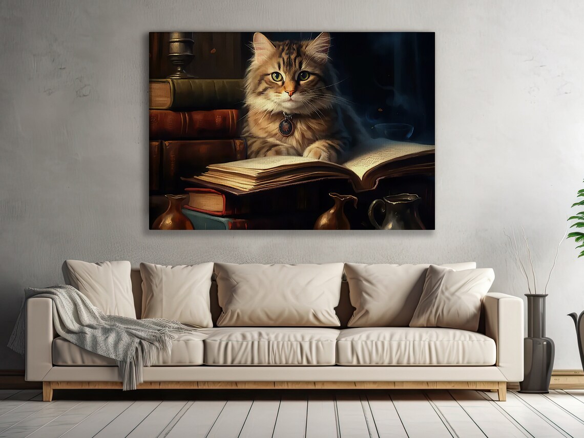 Fluffy Tabby Cat On Old Library Books Vintage Scholar Cat Dark Academia Poster - Image 3