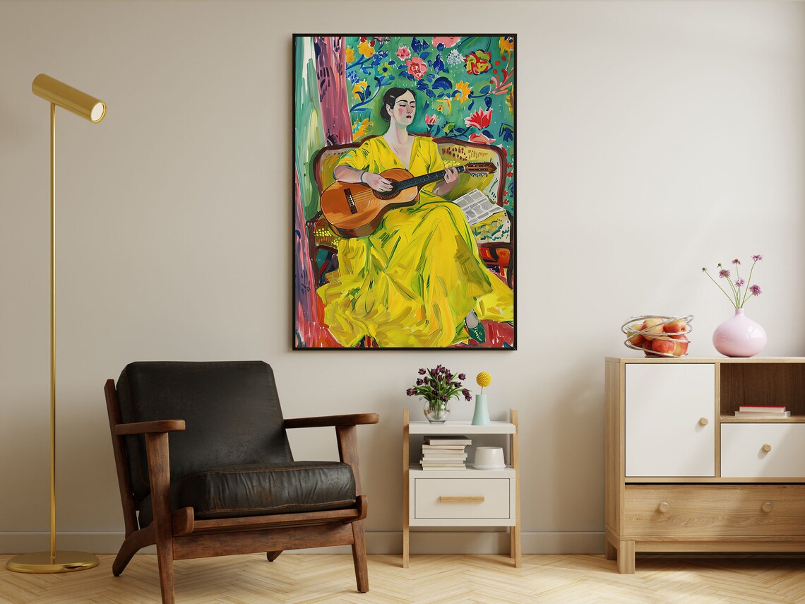 Matisse Style Woman In Yellow Dress Playing Guitar Art Print - Image 4