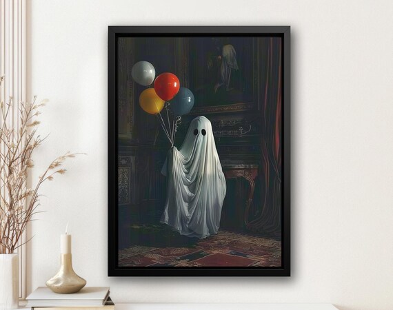 Cute Sheet Ghost Holding Colorful Balloons Dark Parlor Art Poster
