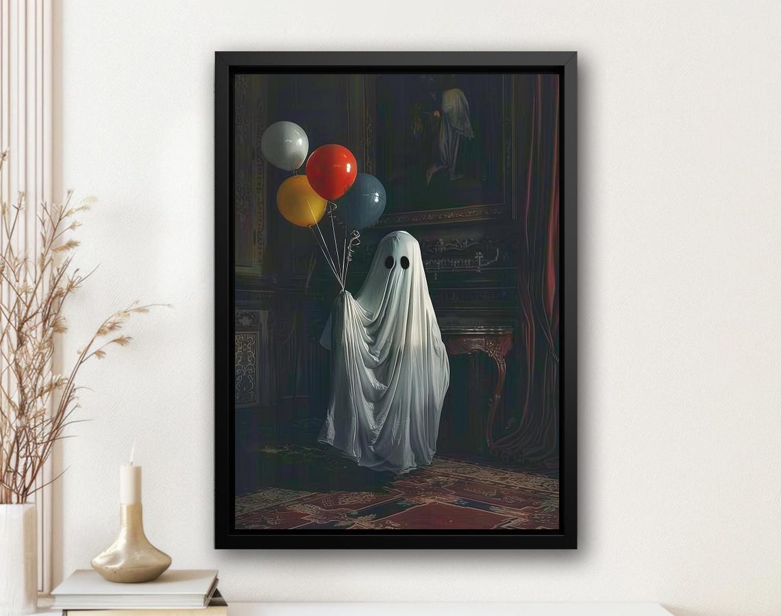 Cute Sheet Ghost Holding Colorful Balloons Dark Parlor Art Poster