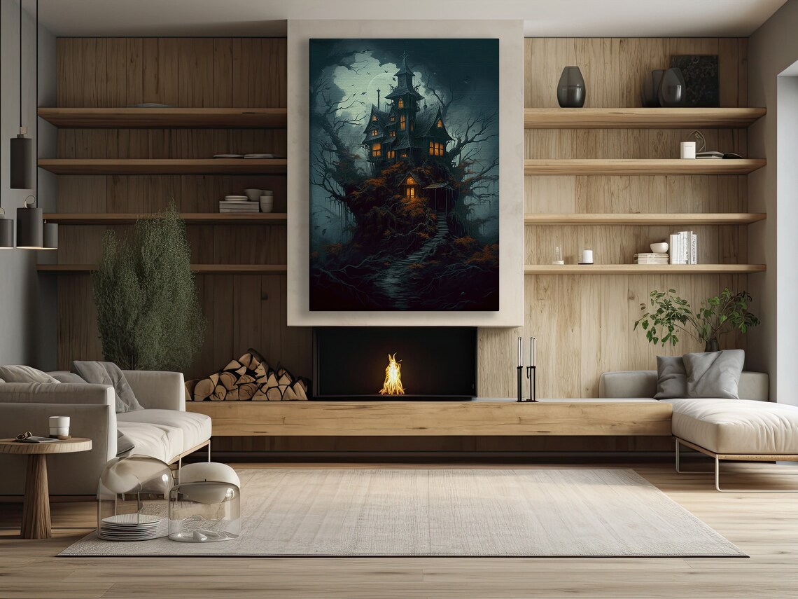 Haunted Victorian Castle At Night With Glowing Windows Mist Gothic Poster - Image 2