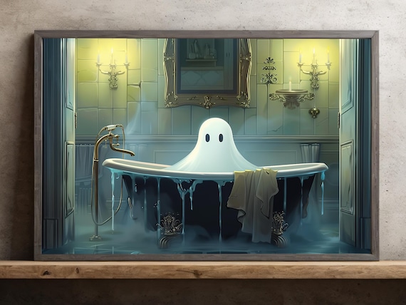 Cheerful Ghost in Grand Clawfoot Tub Elegant Bathroom Candlelit Print Poster