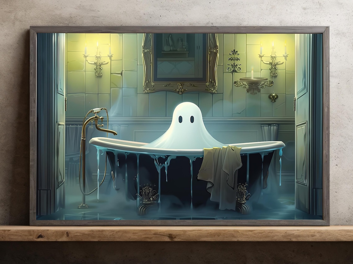 Cheerful Ghost in Grand Clawfoot Tub Elegant Bathroom Candlelit Print Poster
