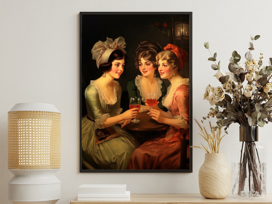 Victorian Ladies Toasting Wine Glasses Elegant Vintage Oil Painting Wall Art