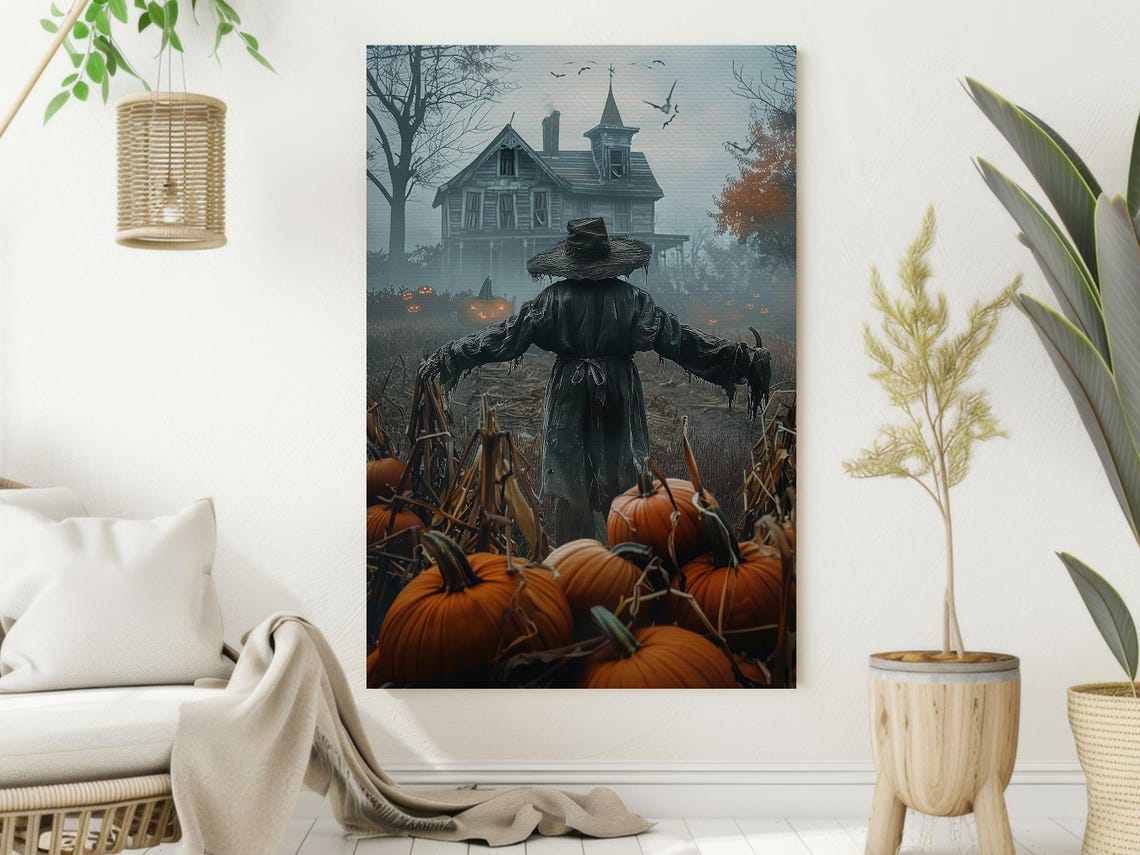 Dark Scarecrow in Pumpkin Patch Haunted Farmhouse Misty Harvest Poster - Image 2