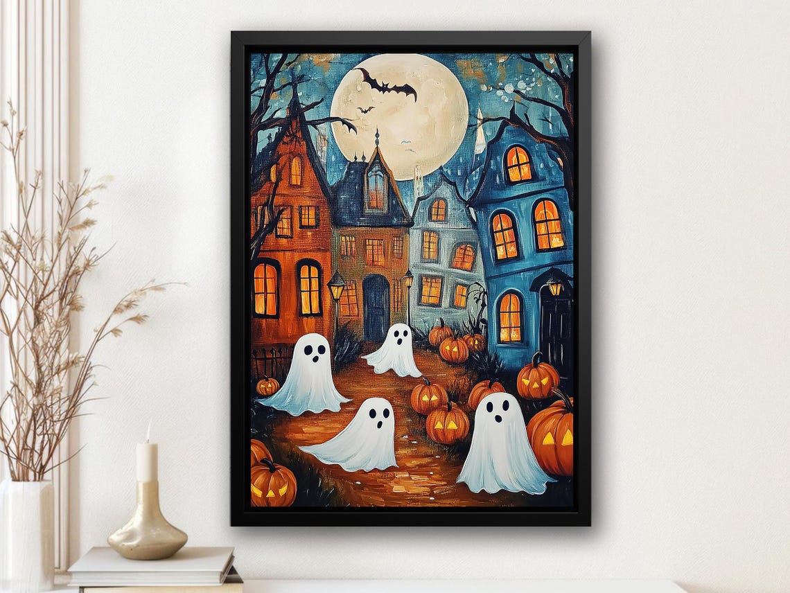 Cute Ghosts On Moonlit Street With Pumpkins Halloween Night Print
