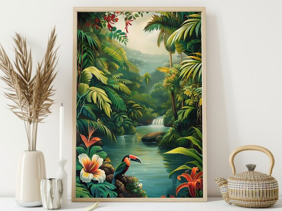Tropical Jungle River Toucan Hibiscus Palms Rousseau Style Rainforest Art Poster