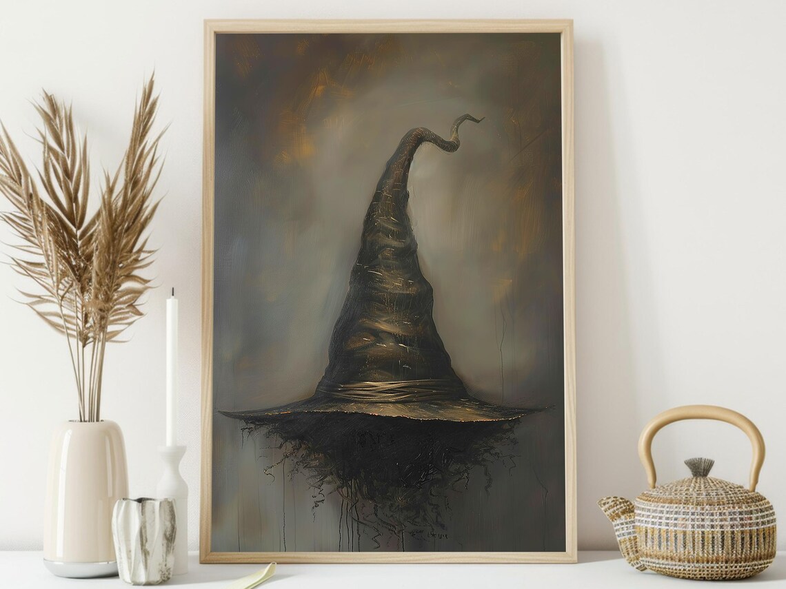 Crooked Black Witch Hat Minimalist Dark Oil Painting Halloween Poster - Image 3