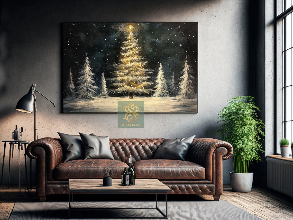 Vintage Christmas Tree Painting, Holiday Wall Art - Image 2