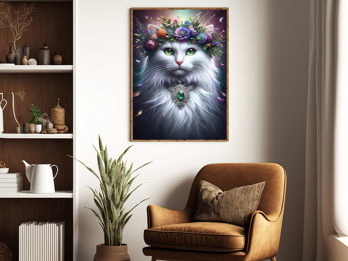 White Cat With Flower Crown And Emerald Necklace Surreal Animal Art Print - Image 3