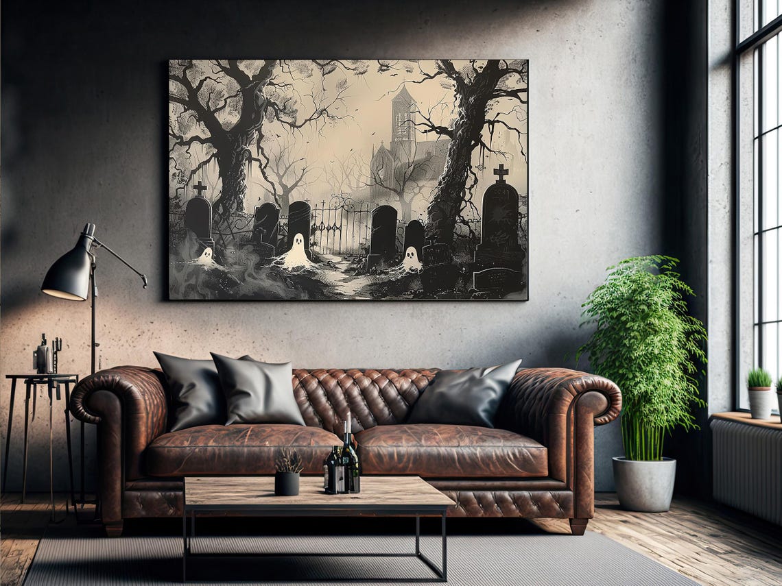 Vintage Haunted Cemetery Ghosts Black and White Engraving Art Poster - Image 3