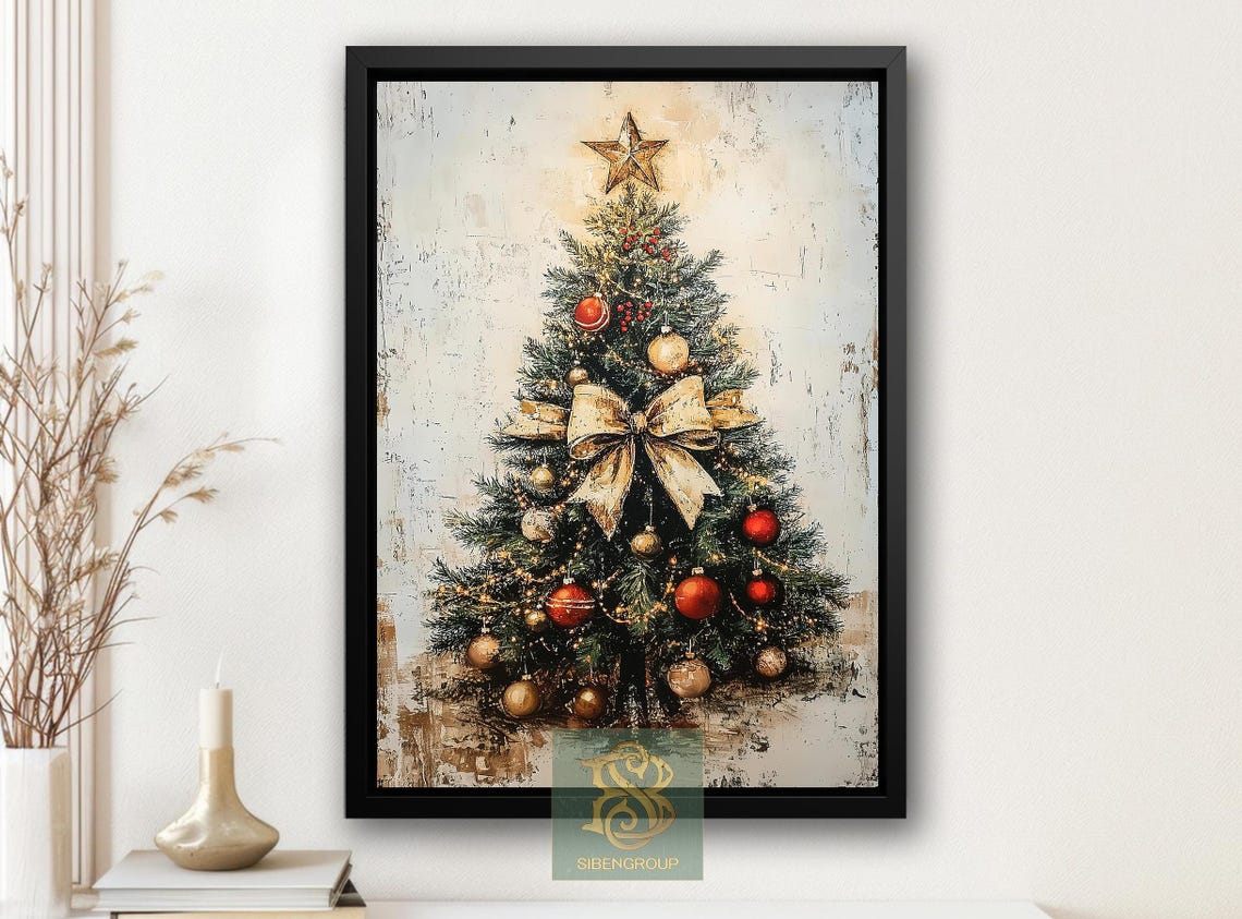 Rustic Christmas Tree With Cream Bow Red Gold Ornaments Art Poster