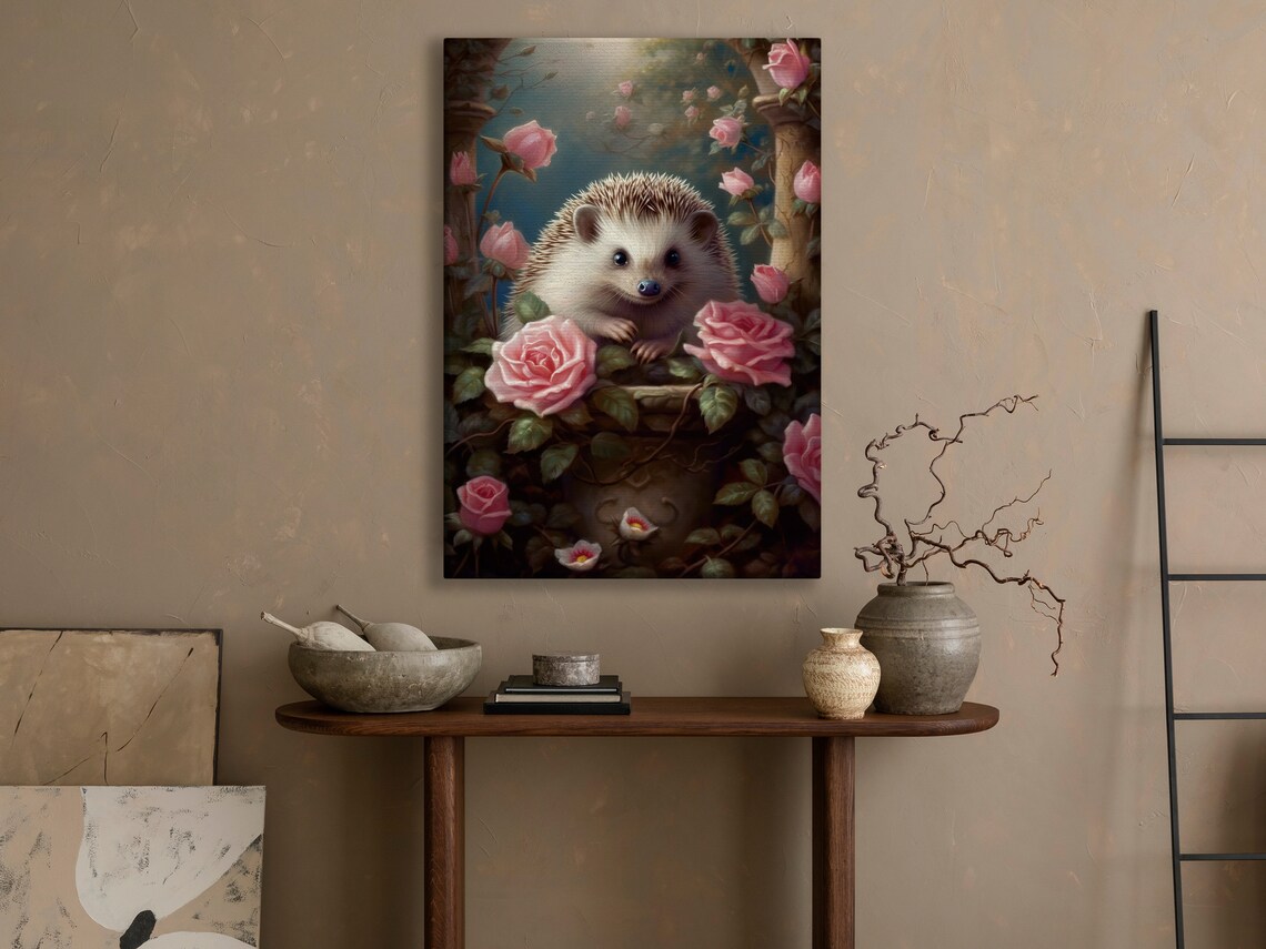 Hedgehog Nestled Among Pink Roses Vintage Cottage Animal Art Poster - Image 3
