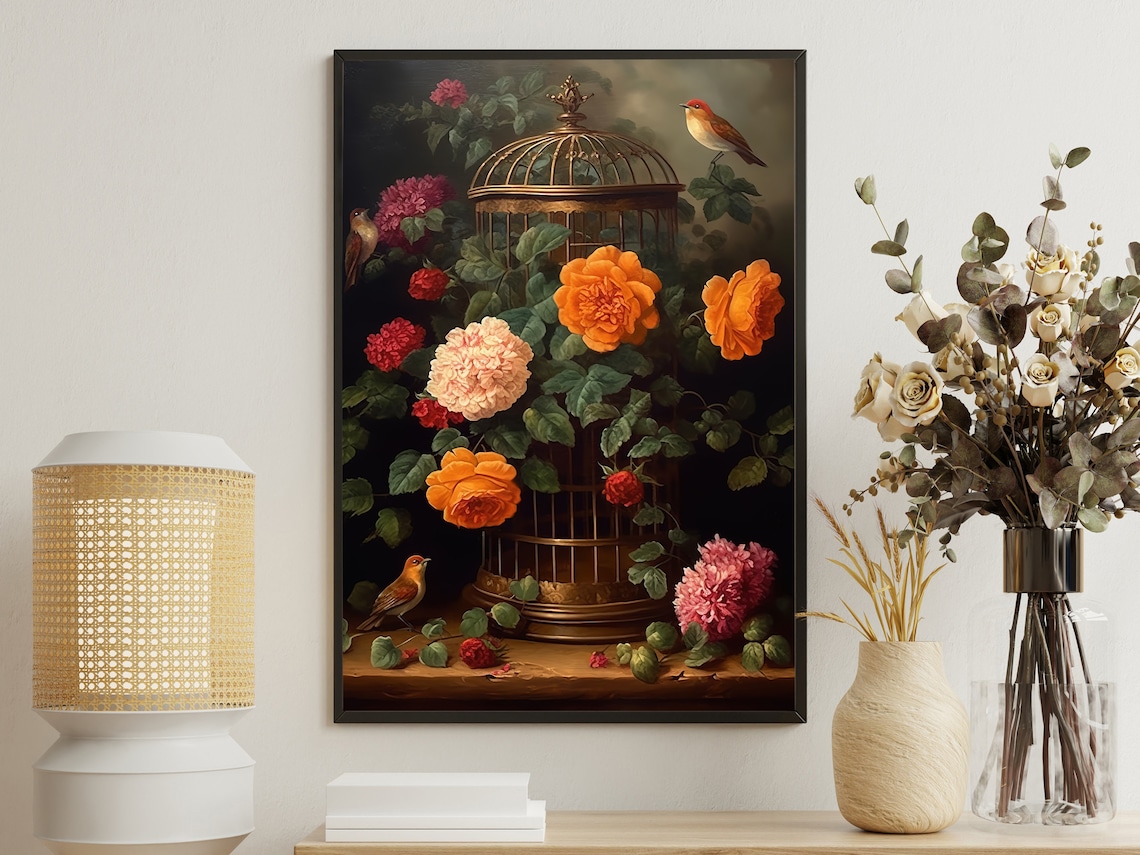 Antique Birdcage Lush Roses Small Birds Dark Romantic Floral Art Poster